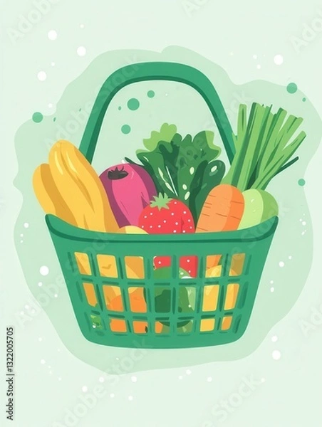Obraz Fresh fruits and vegetables in a green shopping basket presented in a smooth style against a soft pastel background