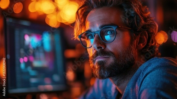 Obraz Creative programmer immersed in work during an inviting evening with warm lights and an artistic atmosphere