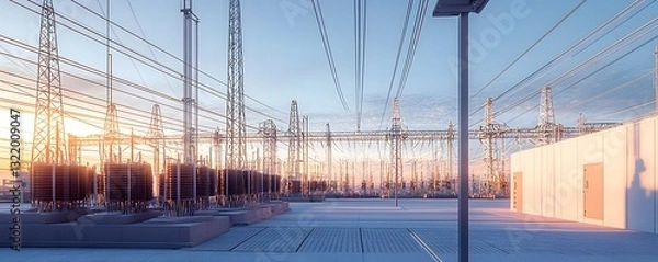 Obraz Electric power substation with transformers and overhead power lines