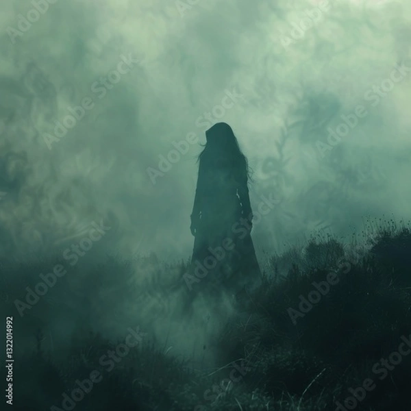 Fototapeta Mysterious cloaked figure amidst fog for thriller and gothic scene backgrounds