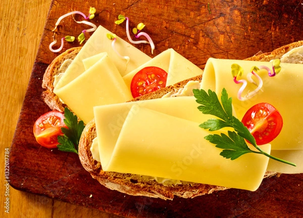 Fototapeta Butterkaesebrot mit Kaese als Topshot auf Holzbrett, Käsebrot, Butterkaese, 