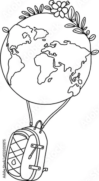 Obraz A simplistic black and white illustration of a backpack attached to a globe