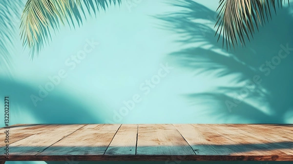 Fototapeta Minimalist wooden table with palm tree shadows against an aqua blue background