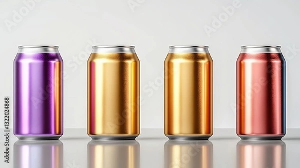Fototapeta Four colorful aluminum cans stand in a row. Shiny surface. Plain backdrop