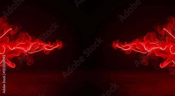 Fototapeta A gloomy background with red neon smoke spreading on both sides. Neon fairytale smoke moves on black background. Panoramic view of the abstract fog