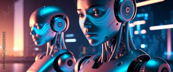 Fototapeta Close-up of two metallic robots, female-like, illuminated with blue and pink neon light, set against a blurred cityscape background, showcasing futuristic technology and artificial intelligence