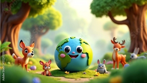 Fototapeta A group of animals standing around a globe in the middle of a forest.