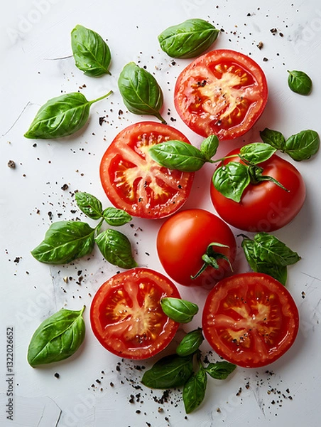Fototapeta Freshly cut tomatoes and fragrant basil leaves scattered on a bright surface with a sprinkle of black pepper.