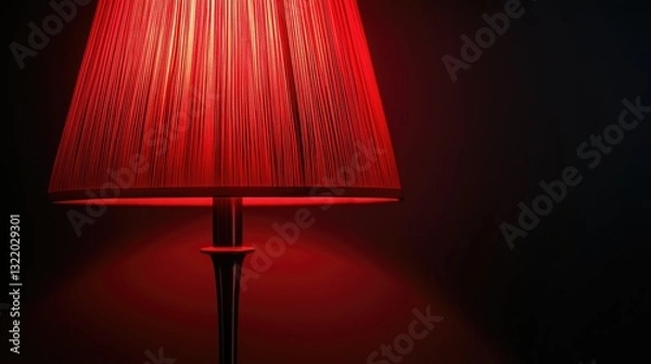 Fototapeta Modern table lamp shines with red light on a dark background.