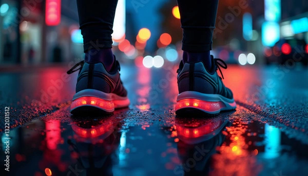 Obraz Sneakers with glowing soles on a wet street. AI image