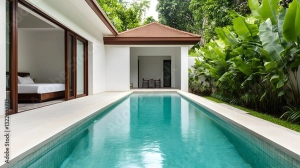 Fototapeta Floating Breakfast in Tropical Villa s Private Pool with Lush Garden View