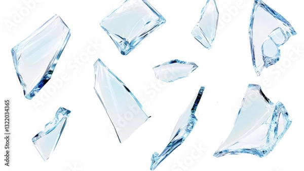 Fototapeta Shattered glass shards falling on transparent background