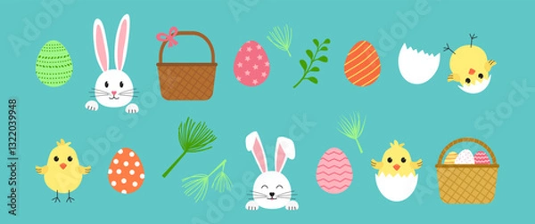 Fototapeta Easter rabbit head, chick, bunny ears, eggs and basket, flower. Cute animal character, cartoon egg hunt, funny spring collection on blue background. Holiday vector illustration