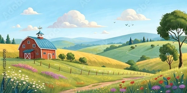 Obraz Scenic Countryside Landscape with Red Barn. Raster illustration 