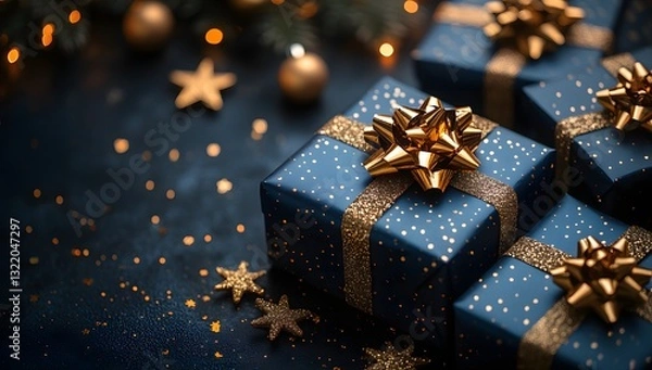 Fototapeta Holiday's Wrapped: A collection of intricately wrapped gifts, adorned with elegant gold bows and embellishments, sparkles against a softly illuminated backdrop, setting a festive mood.