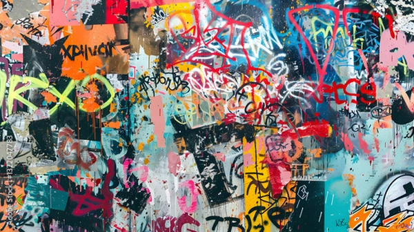 Fototapeta A wall covered in graffiti with the word "expo" on it