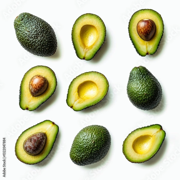 Fototapeta Fresh whole, half, and sliced avocado isolated on a white background fresh and healthy fruit.
