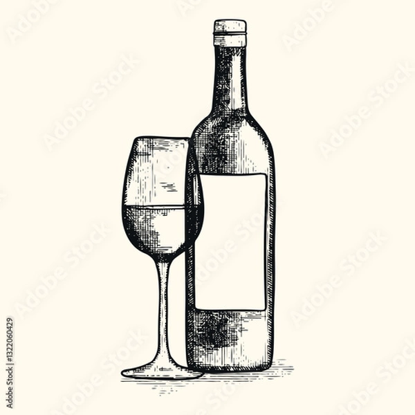 Fototapeta Hand-drawn wine bottle and glass engraving. Engraved drink bottles in a vintage style. Detailed line art drink collection. Black and white food illustration.