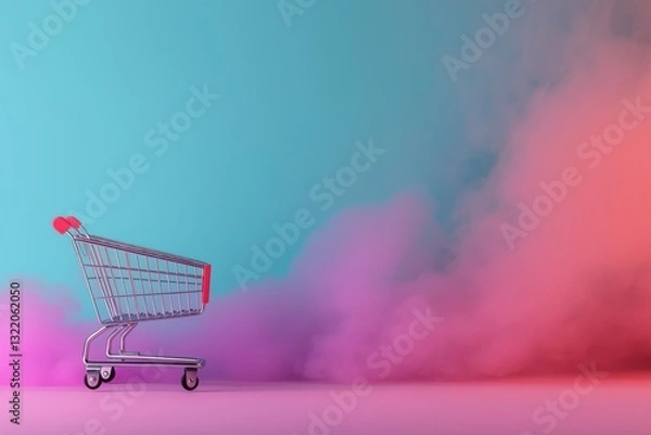 Obraz A shopping cart is in front of a blue background with pink and purple smoke. The cart is empty and he is abandoned. The smoke and the cart create a sense of chaos and disarray