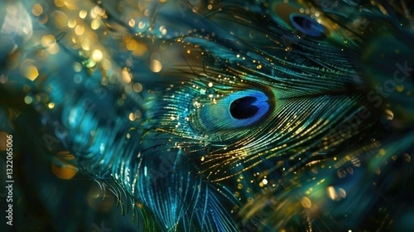 Fototapeta Mysterious peacock feathers with deep blue eyes against dark background with golden bokeh lights