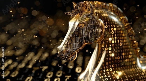 Fototapeta Golden Chess Knight with Binary Code Background for Technology Themes