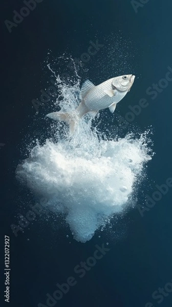 Fototapeta Silver Fish Leaping Out of Water Creating a Splash Against Dark Blue Background.