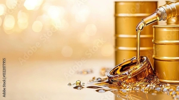 Fototapeta   A zoomed-in image of an oil bottle being poured from a can onto a gold coin pile on a table