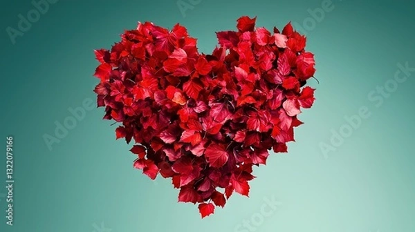 Fototapeta   Red heart-shaped leaves on blue background, with a light blue sky in the background