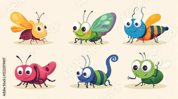 Fototapeta Cute cartoon insects. Funny caterpillar and butterfly, children bugs, mosquito and spider. Green grasshopper, ant and ladybug. Bug insect colorful isolated vector illustration icons set
