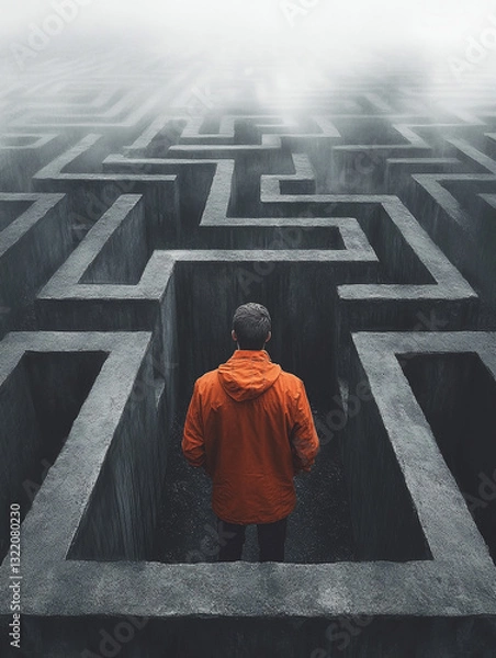 Obraz Exploring a complex maze with a figure in an orange coat
