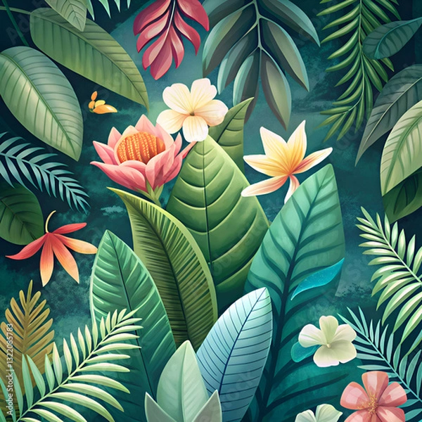 Fototapeta Vibrant Tropical Leaves and Flowers Create a Lush Pattern.
