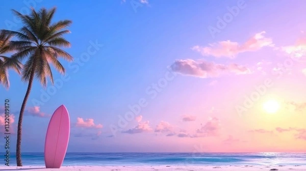 Fototapeta Pink surfboard leaning against palm tree on tropical beach at sunset.