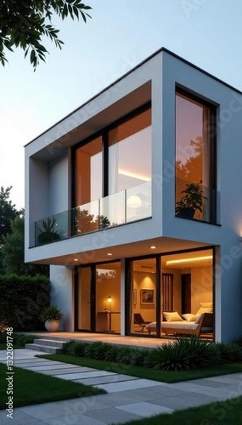 Obraz Sleek modular home, geometric facade, large windows, clean, shadow, modular