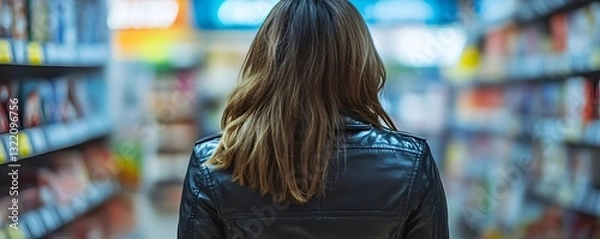 Obraz a woman walking down an aisle in a grocery store.