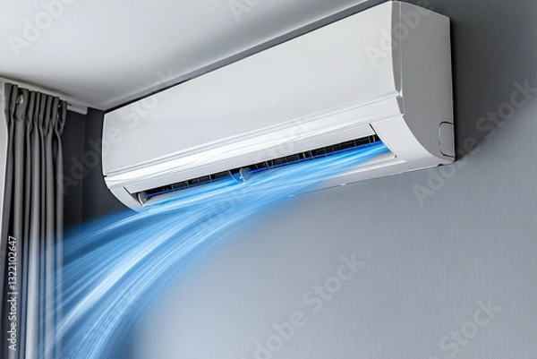 Fototapeta Air conditioner mounted on a grey wall blowing cool air in a modern room