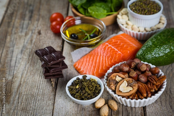 Fototapeta Selection of nutritive food - heart, cholesterol, diabetes