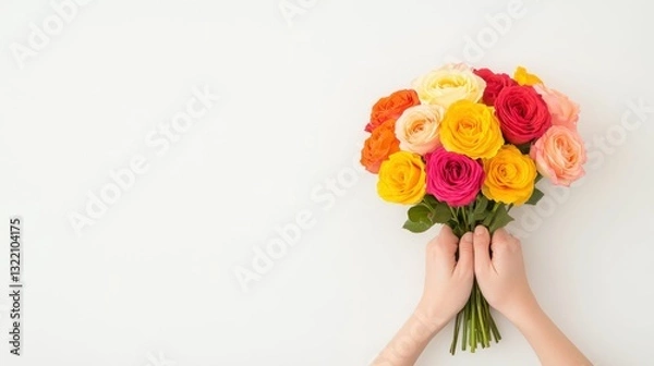 Obraz Hands arranging fresh flowers into a creative centerpiece, vibrant colors and bright lighting, elegant and cheerful theme