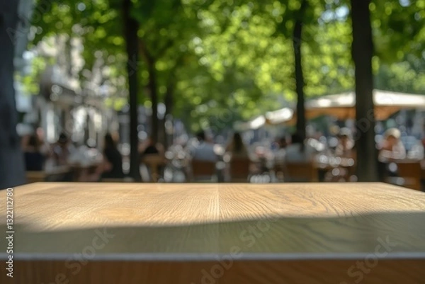 Fototapeta Wooden empty table top with a blurred background of people dining in an outdoor cafe or restaurant