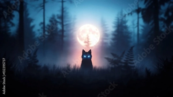 Fototapeta Silhouetted black cat with glowing eyes sits in a misty forest under a large full moon.