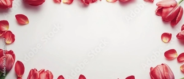 Fototapeta Elegant Red Tulip Frame on White Background, Perfect for Springtime Greetings and Floral Designs