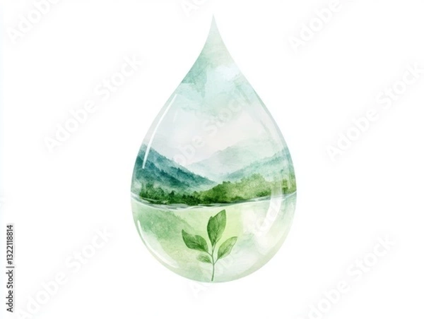 Fototapeta Watercolor Nature Scene Inside a Water Droplet  

