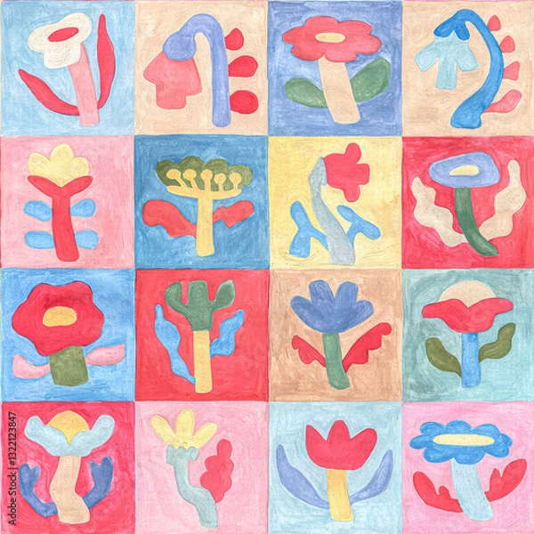 Fototapeta Tile seamless pattern. Decorative flowers painted with gouache. Patchwork ornament of squares. Handmade.