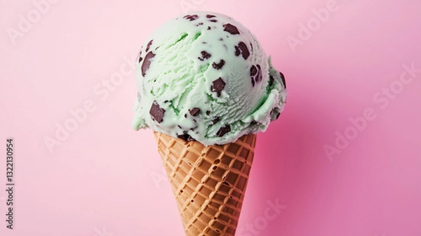 Fototapeta A scoop of mint chocolate chip ice cream on a cone stands out against a soft pink background.
