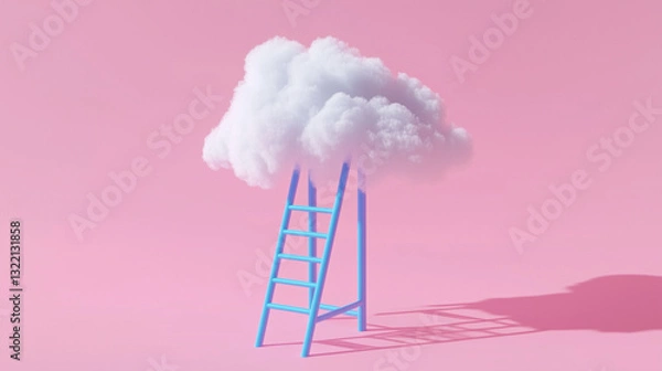 Fototapeta A blue ladder stands beneath a white fluffy cloud in this 3D render, with a pink background creating a bold contrast.