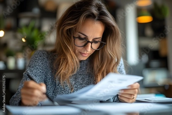Obraz a woman with glasses analyzing documents.