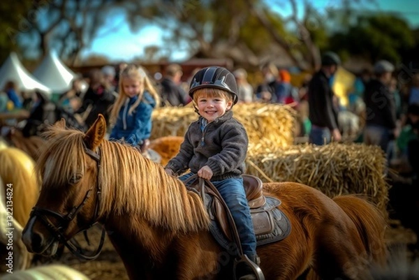 Fototapeta Happy Child Riding a Pony at a Farmyard Festival Attraction