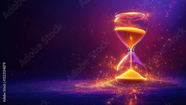 Fototapeta Glowing hourglass on dark background with sparkling particles. Abstract time concept. 