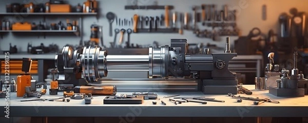 Fototapeta Metalworking lathe and tools are placed on the workbench