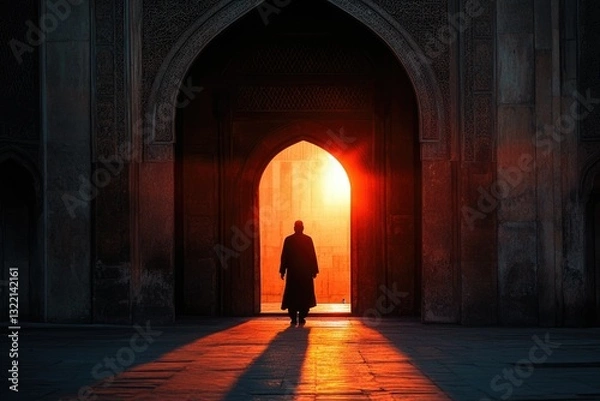 Fototapeta Silhouette of a man walking towards a bright sunrise through an ancient archway.