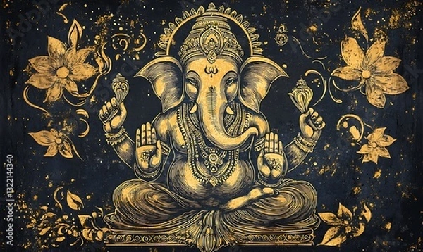 Fototapeta Intricately Detailed Depiction Of A Golden Hindu Deity Illustration
